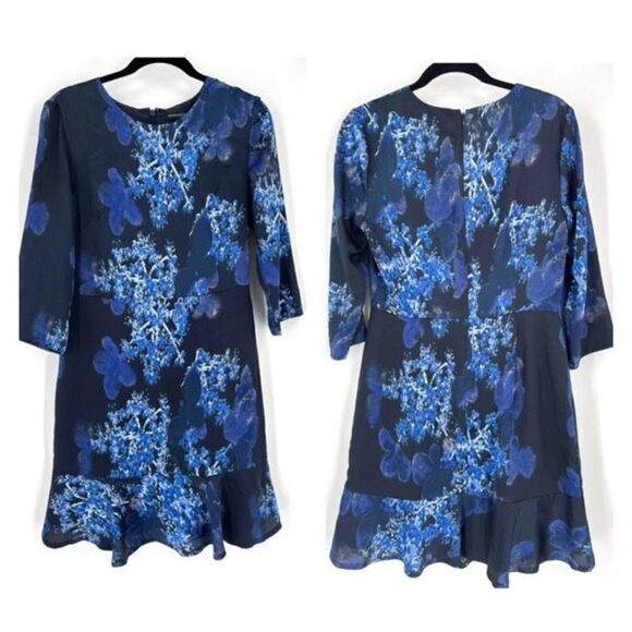 BANANA REPUBLIC FLORAL PRINT 3/4 SLEEVE FIT & FLARE DRESS BLUE MULT Size 6 - Picture 2 of 12